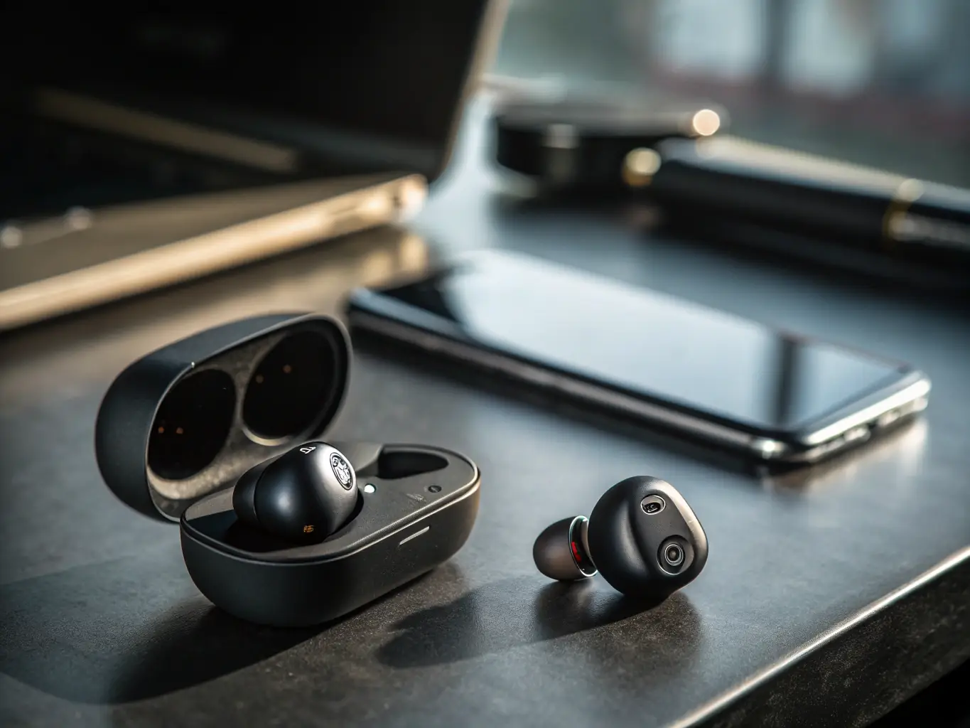 A dynamic shot featuring various Korean tech gadgets, such as wireless earbuds, portable chargers, and innovative phone accessories, arranged on a tech-inspired background with subtle lighting effects.