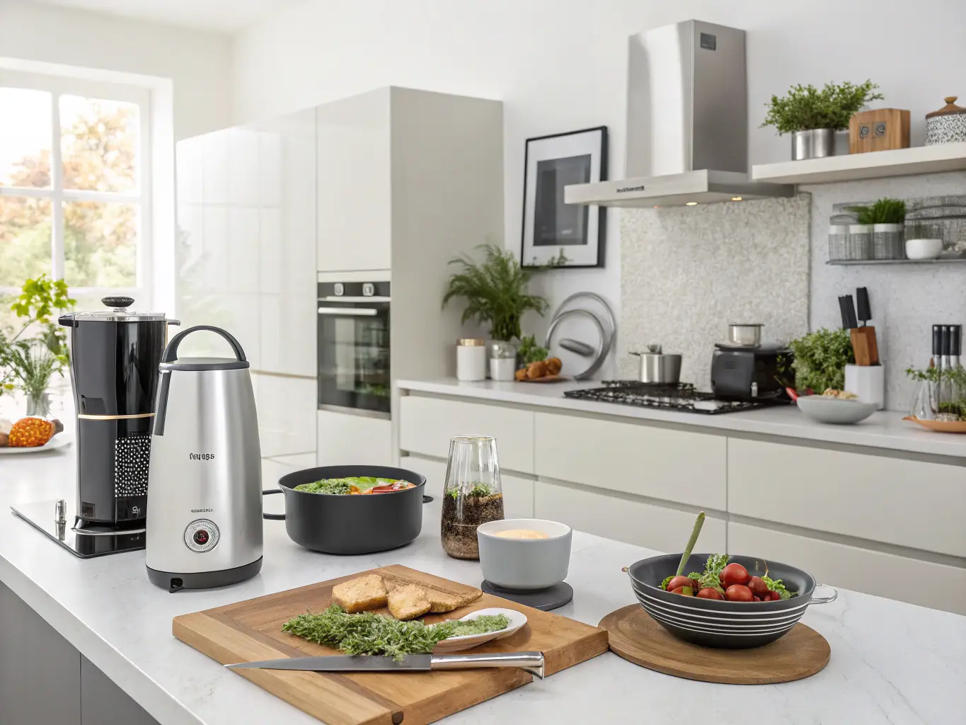 A neatly organized display of Korean household goods, including kitchenware, cleaning supplies, and storage solutions, set against a backdrop of a modern, minimalist home interior.