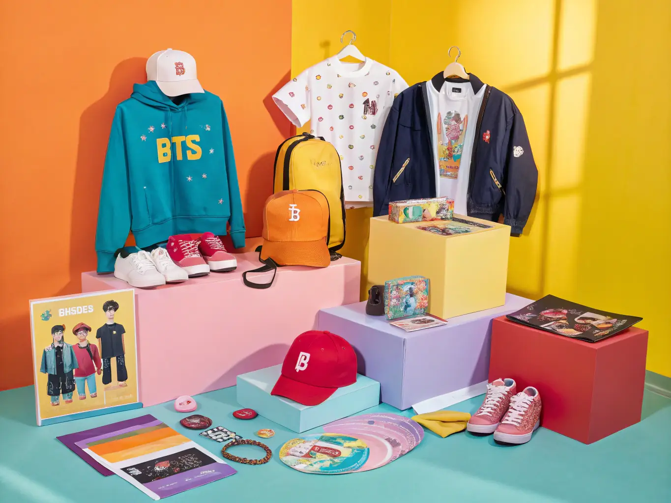 A collection of K-pop albums, lightsticks, and merchandise displayed on a shelf, with vibrant colors and dynamic lighting to capture the energy of the K-pop culture.